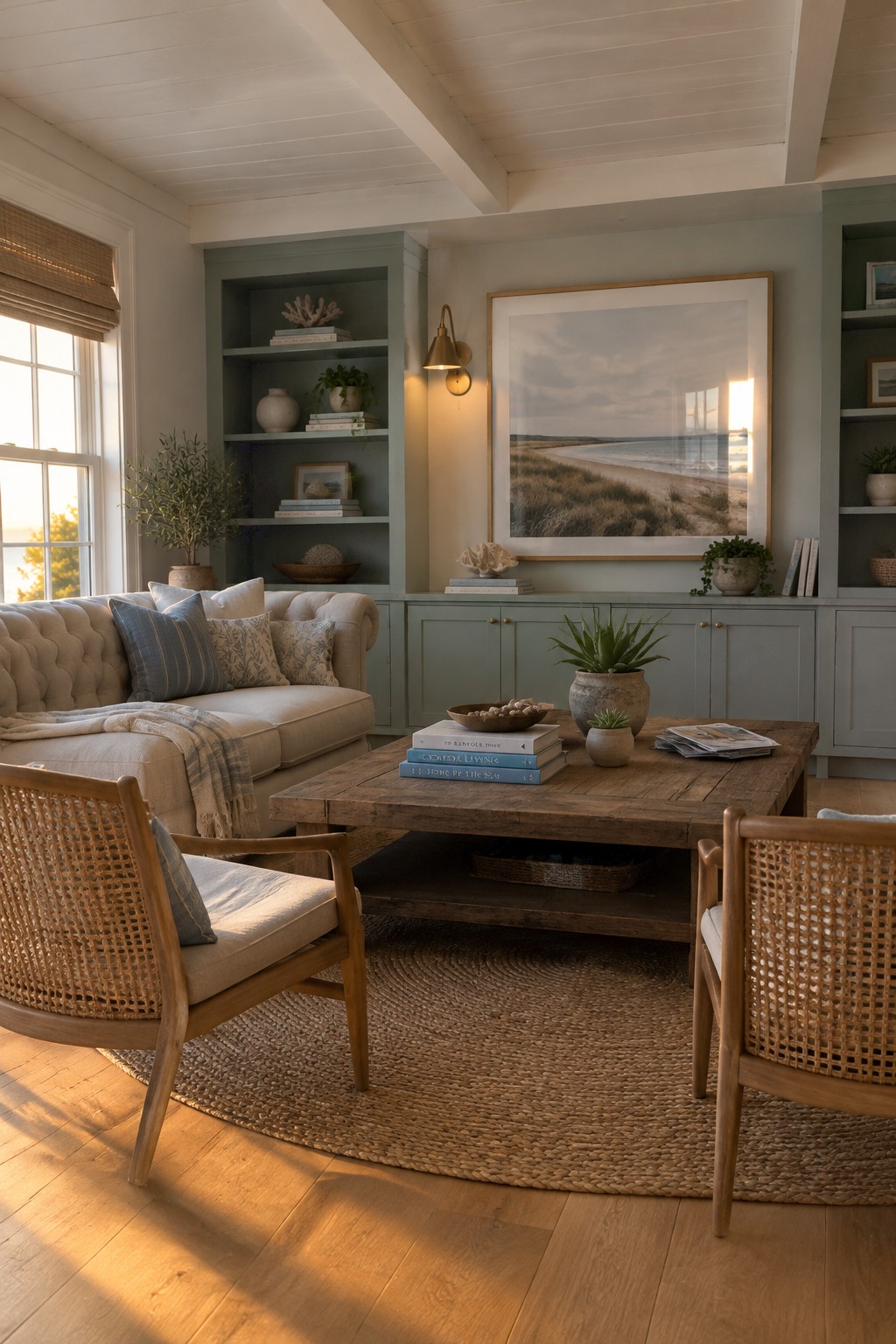 A coastal living room with muted green built-in shelves and cabinets, a beige sofa, woven chairs, a wooden coffee table, and light oak floors.