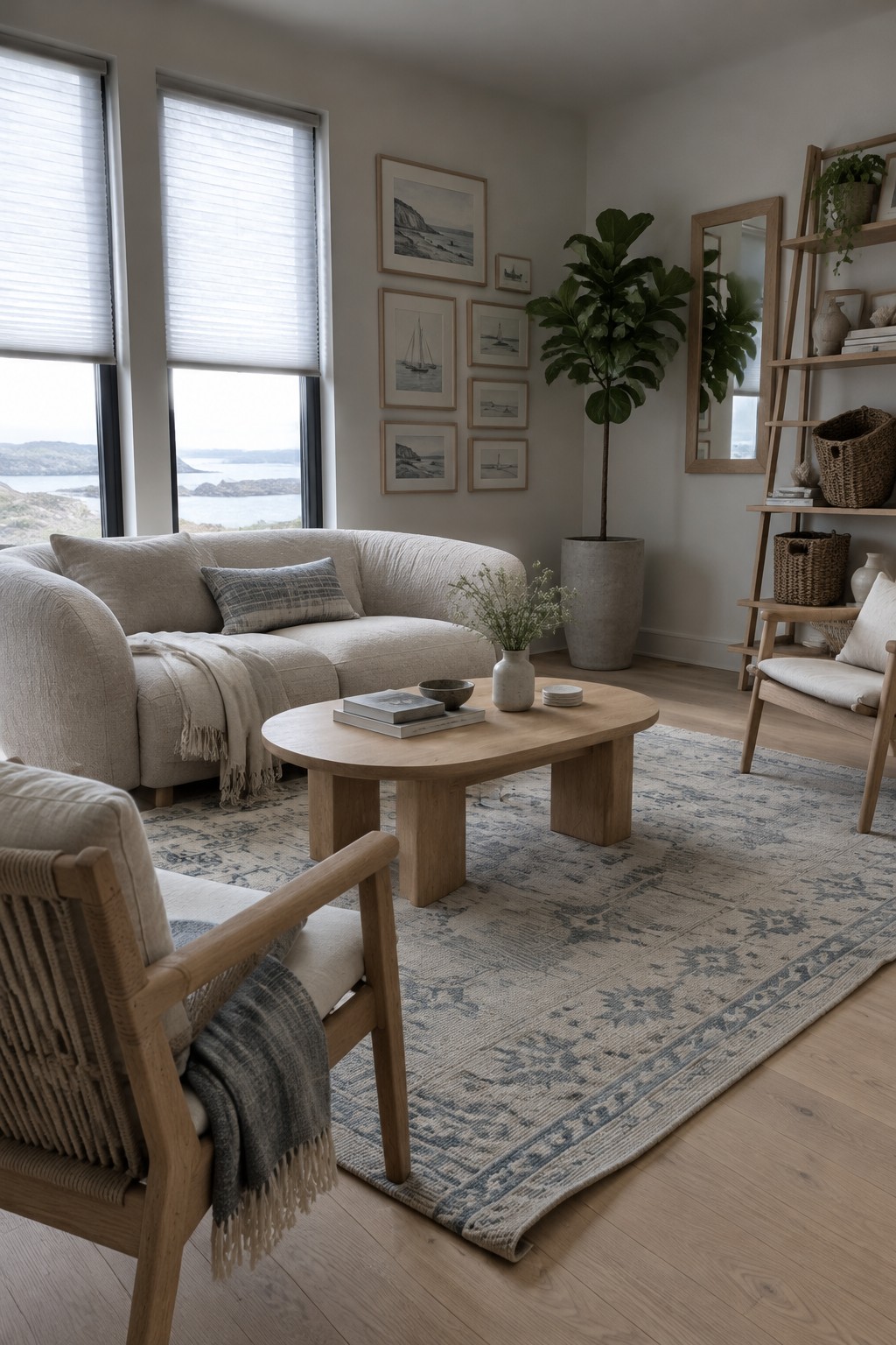A blue and beige patterned rug sits beneath a wood coffee table and light-colored seating in a coastal living room with light oak floors.