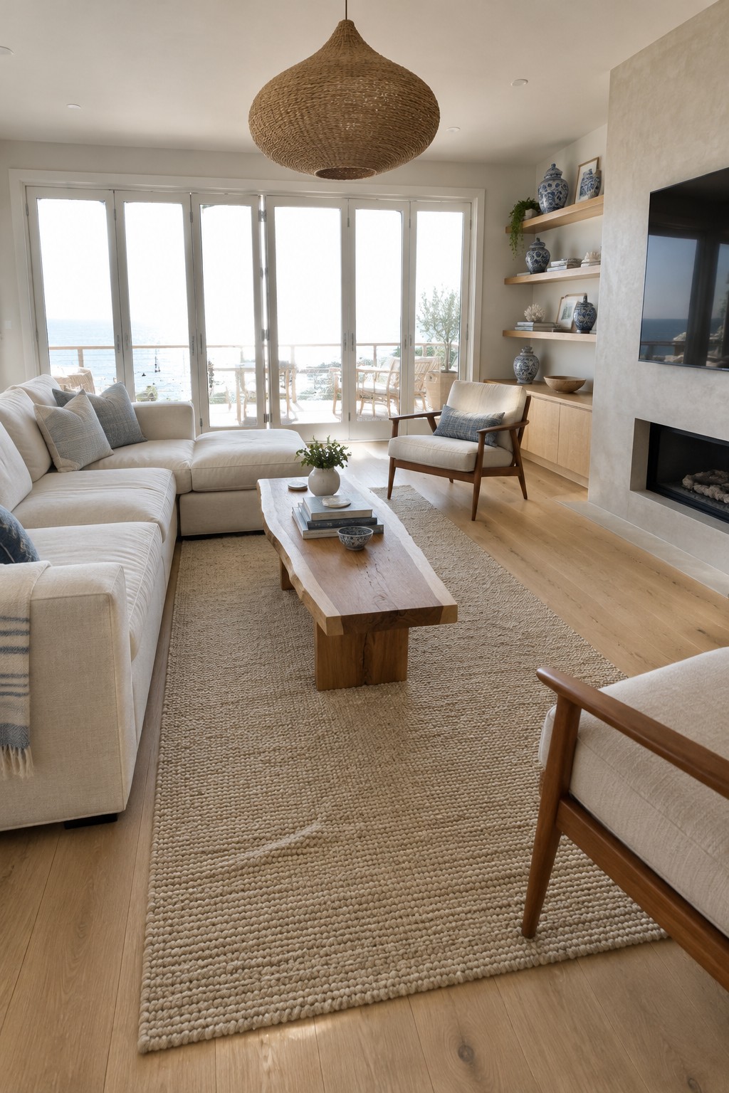 A coastal living room with a large woven rug beneath a cream sofa, wood coffee table, and armchairs on light oak floors.
