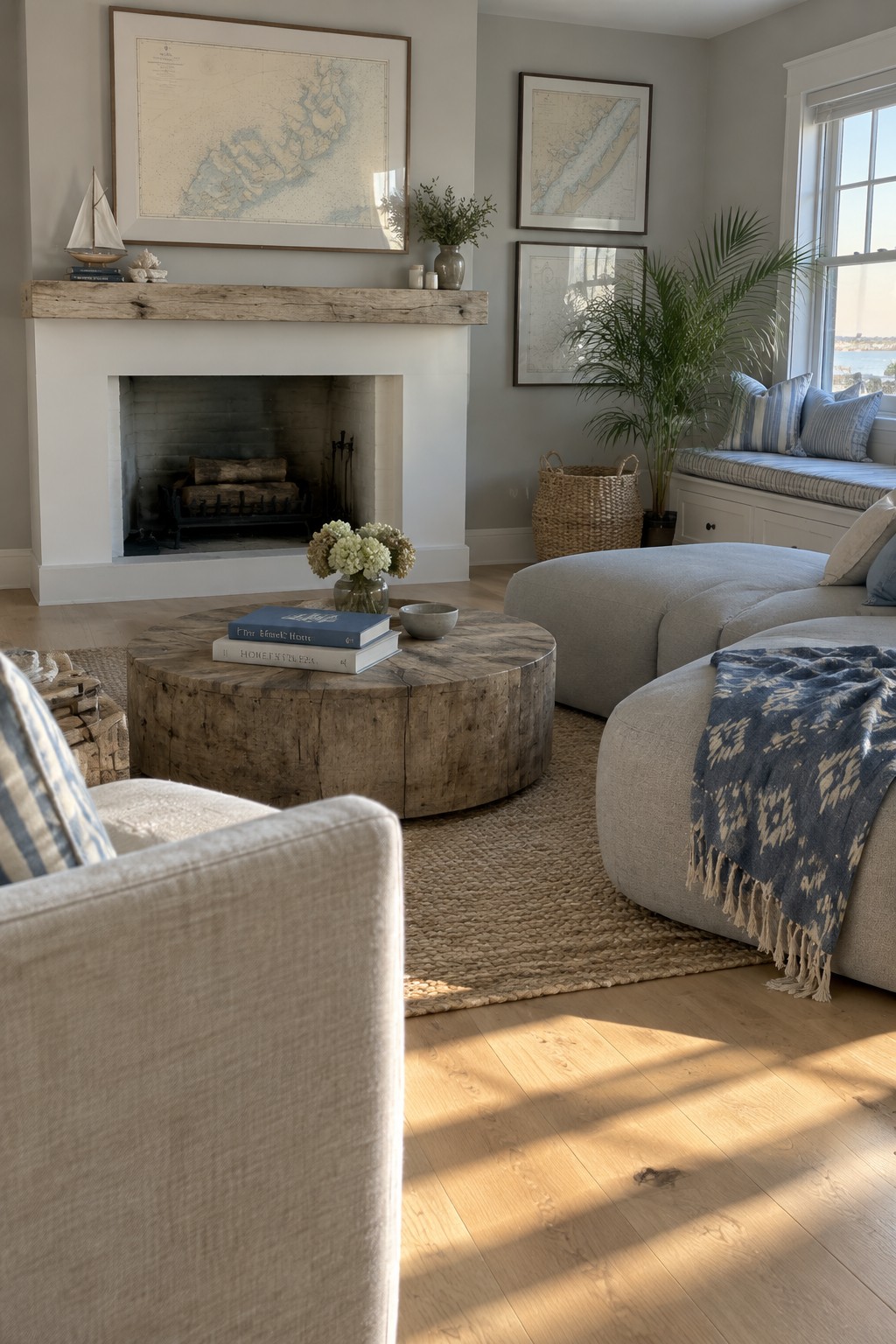 A round wooden coffee table sits among pale upholstered seating on a woven rug in a living room with light oak floors.