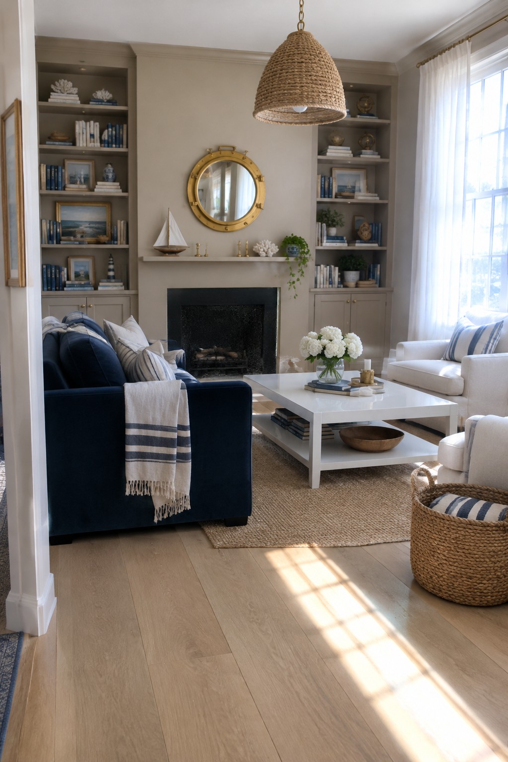 A coastal living room with light oak floors, a fireplace between built-in shelves, a navy sofa, and a white coffee table.