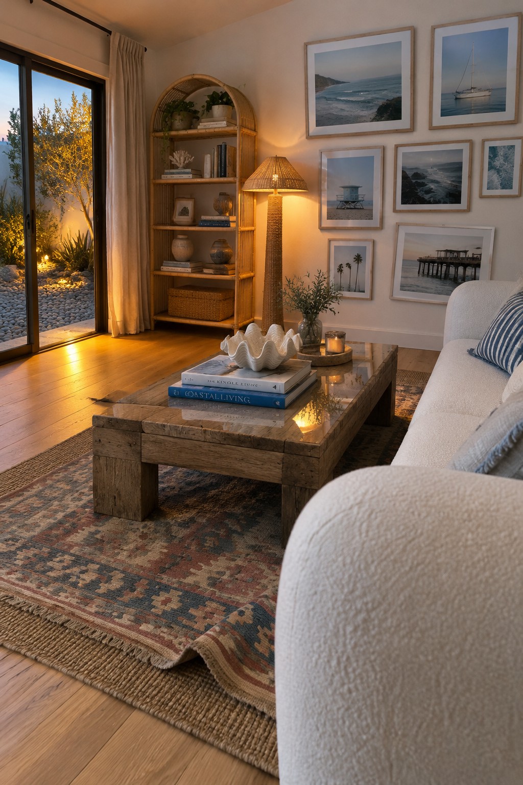 A coastal living room with light oak floors, a gallery wall of ocean photographs, a wicker shelf, and a wood coffee table.
