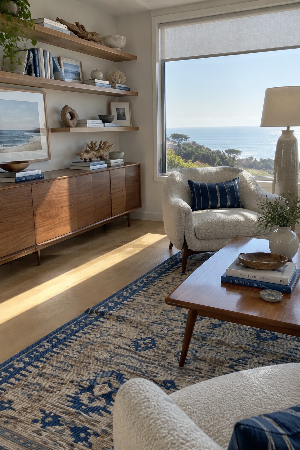 A coastal living room with light oak floors, a cream chair, blue patterned rug, wood coffee table, and a large window overlooking the ocean.