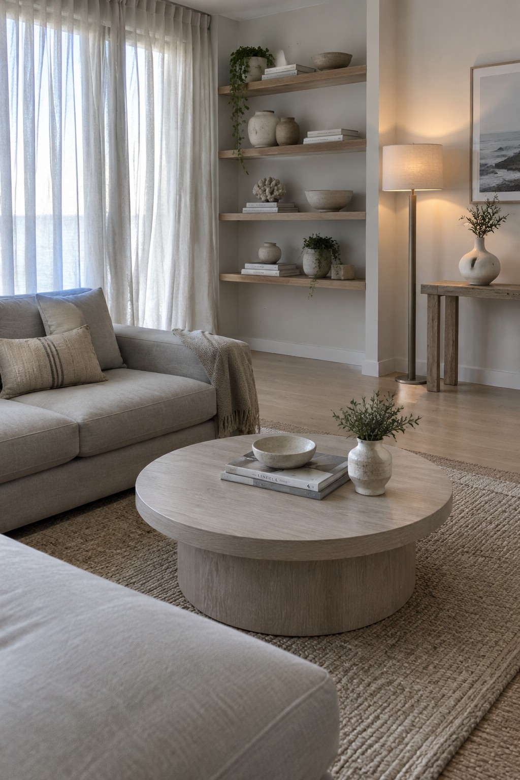 A coastal living room with light oak floors, a gray sofa, and wooden floating shelves displaying pottery and books.