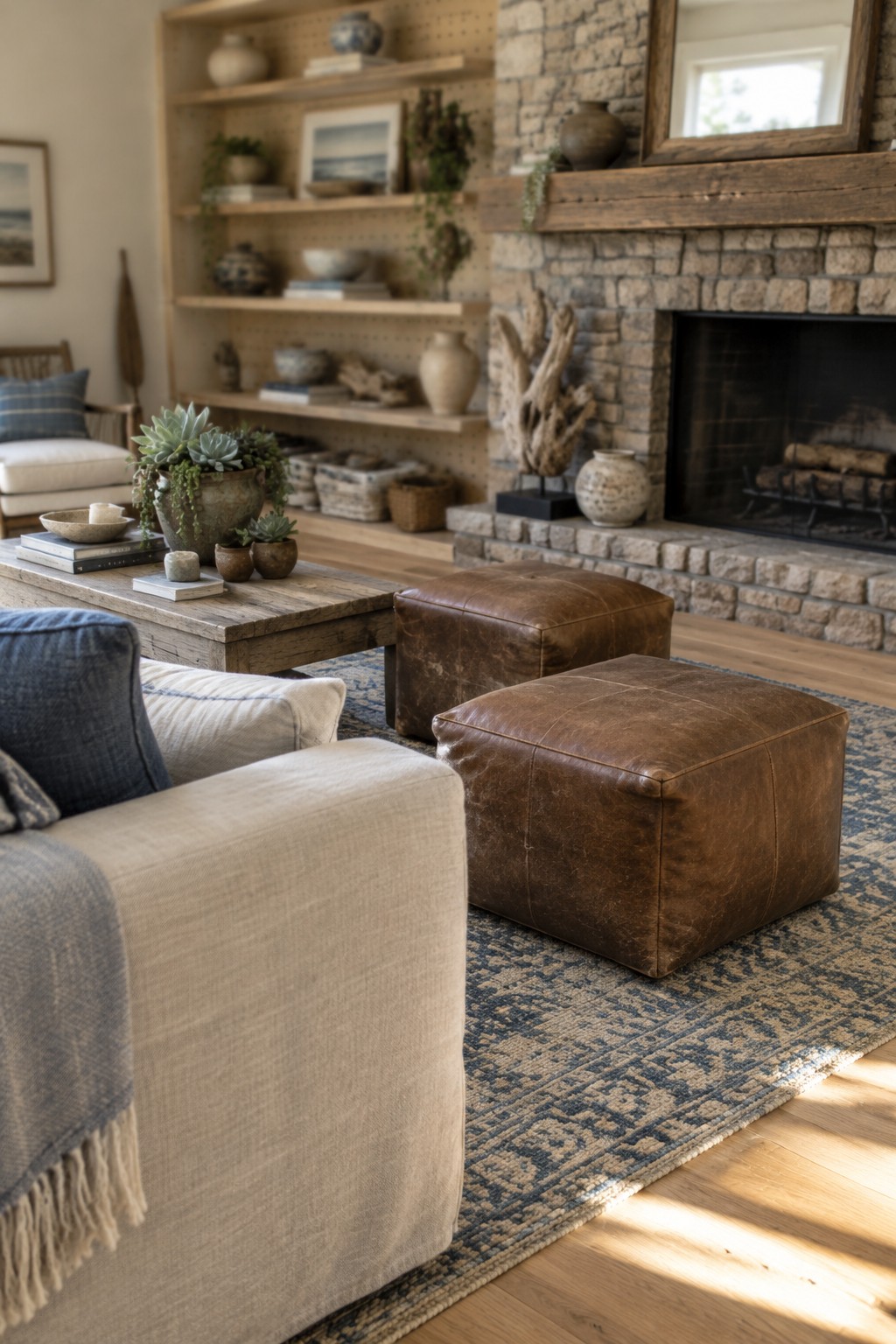 Two brown leather ottomans sit on a blue patterned rug beside a pale sofa and rustic wood coffee table in a living room with light oak floors.