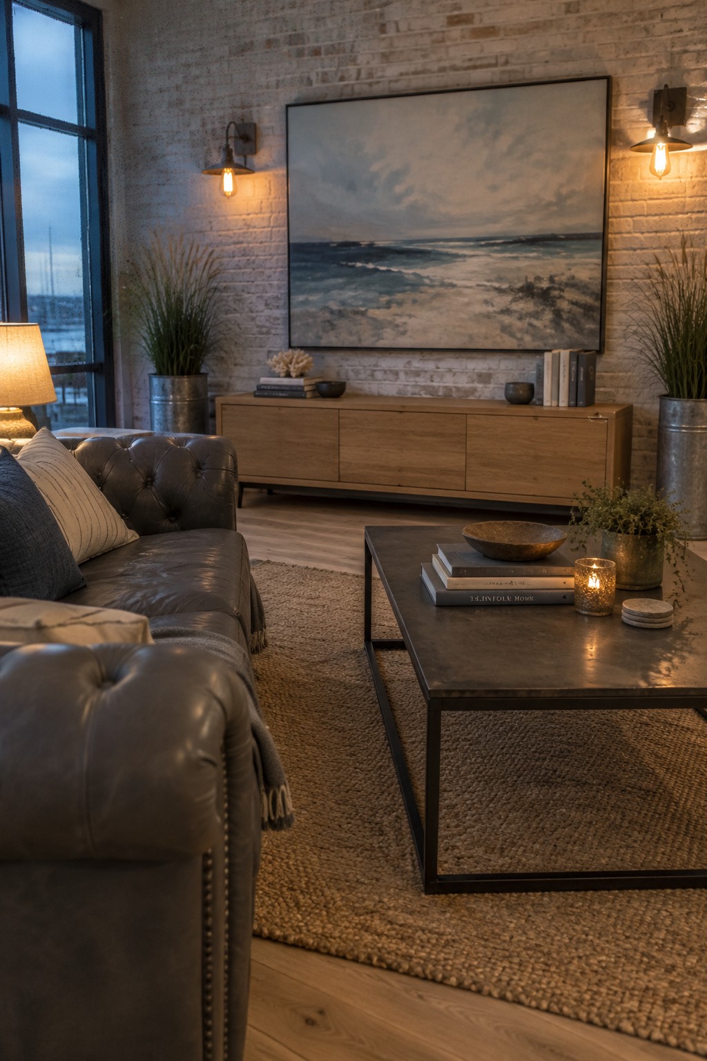 A living room with light oak floors, dark leather sofas, a woven rug, and a wood media cabinet.