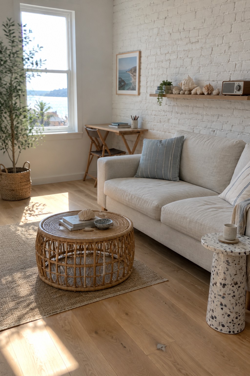 A coastal living room with light oak floors, a pale sofa, and a round woven coffee table.