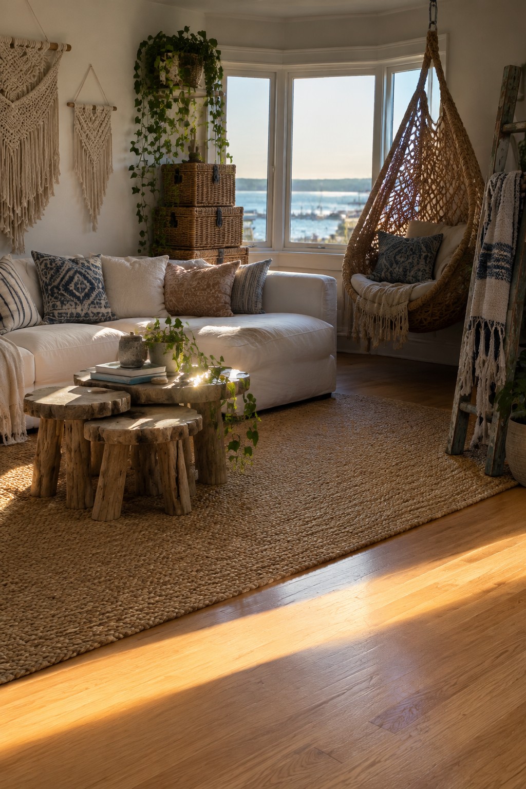 A coastal living room with light oak floors, a white sofa, a woven rug, and a hanging wicker chair.