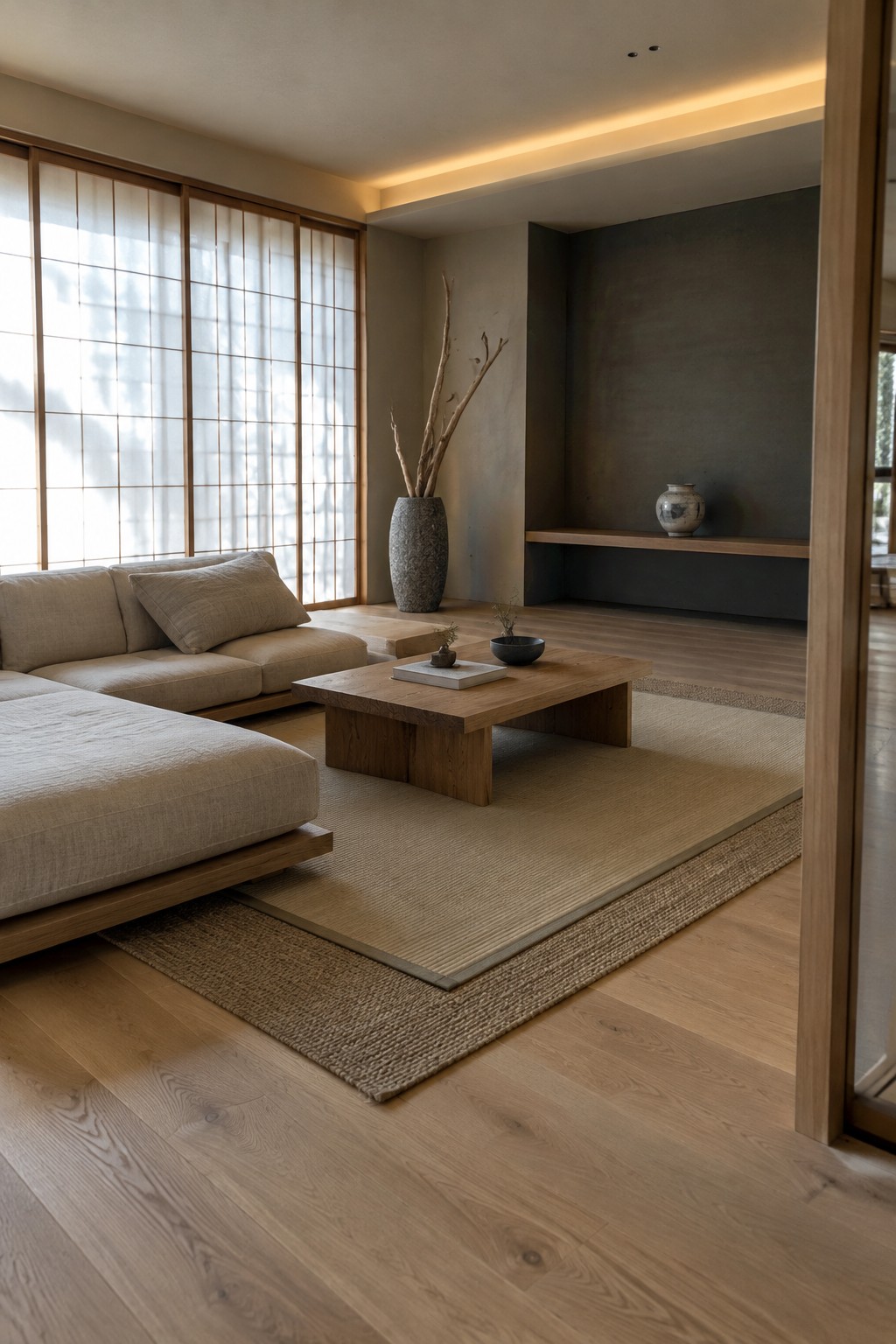 A neutral living room with translucent grid-pattern screens, light oak flooring, a low wood coffee table, and a pale sectional sofa.