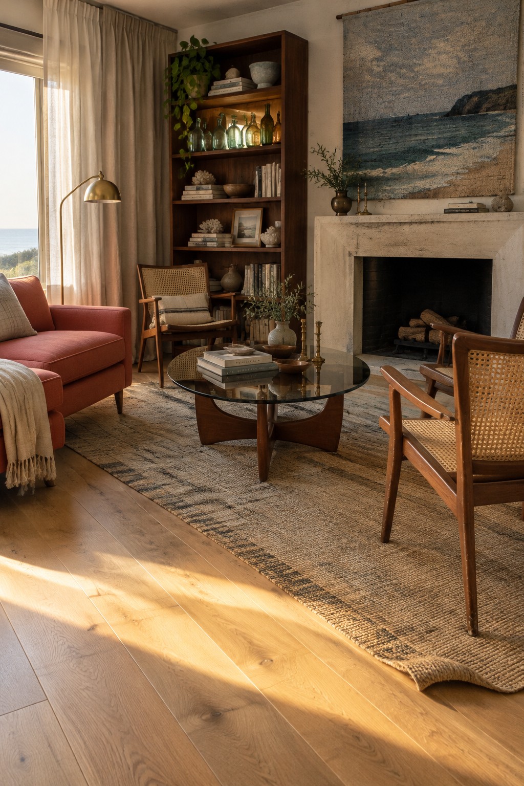 A coastal living room with light oak floors, a rust-colored sofa, a textured rug, wooden chairs, and a fireplace.