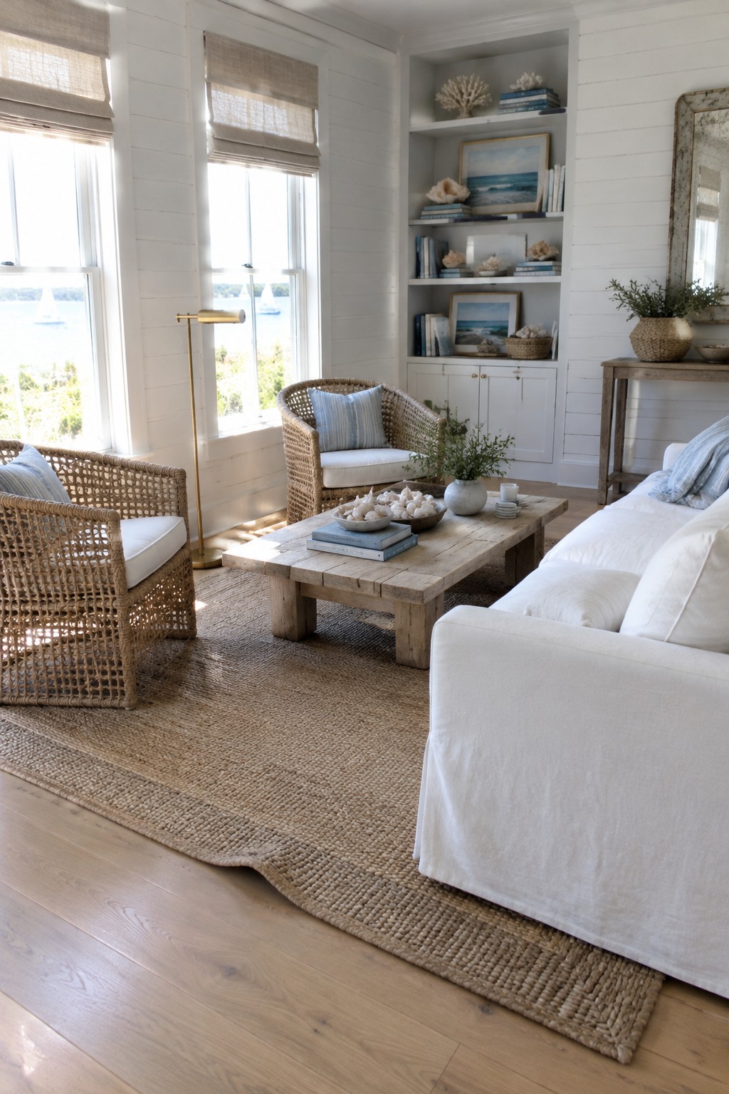 A white sofa and two wicker armchairs sit around a wooden coffee table on a woven rug in a bright living room.