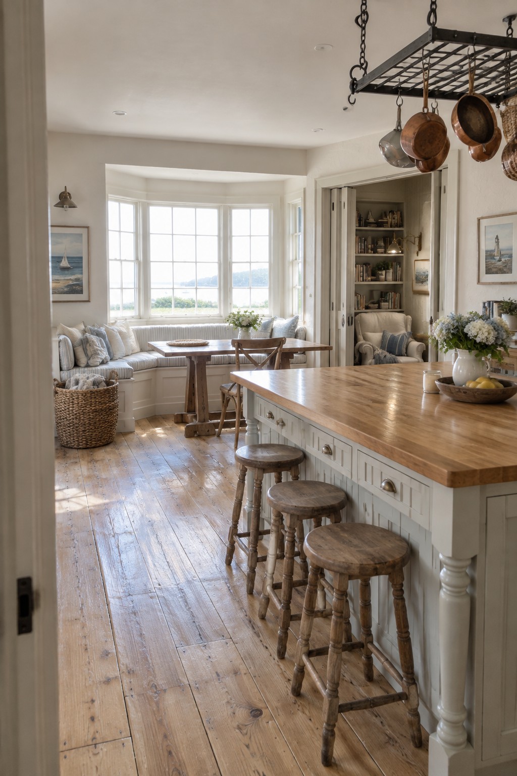 A white kitchen island with a butcher-block countertop and wooden stools sits beside a dining nook with a built-in window seat.