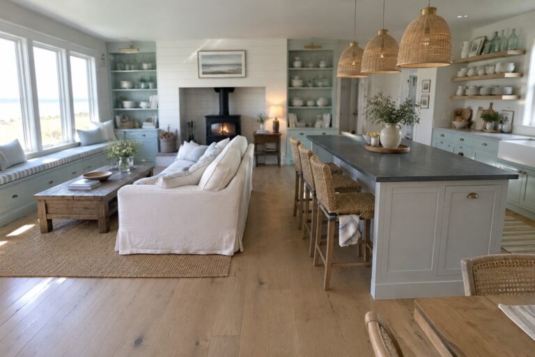 24 Open-Concept Coastal Home Designs Connecting Kitchen and Living Areas An open coastal-style kitchen and living area with a long island, woven bar stools, a white sofa, built-in shelves, and a wood-burning stove.