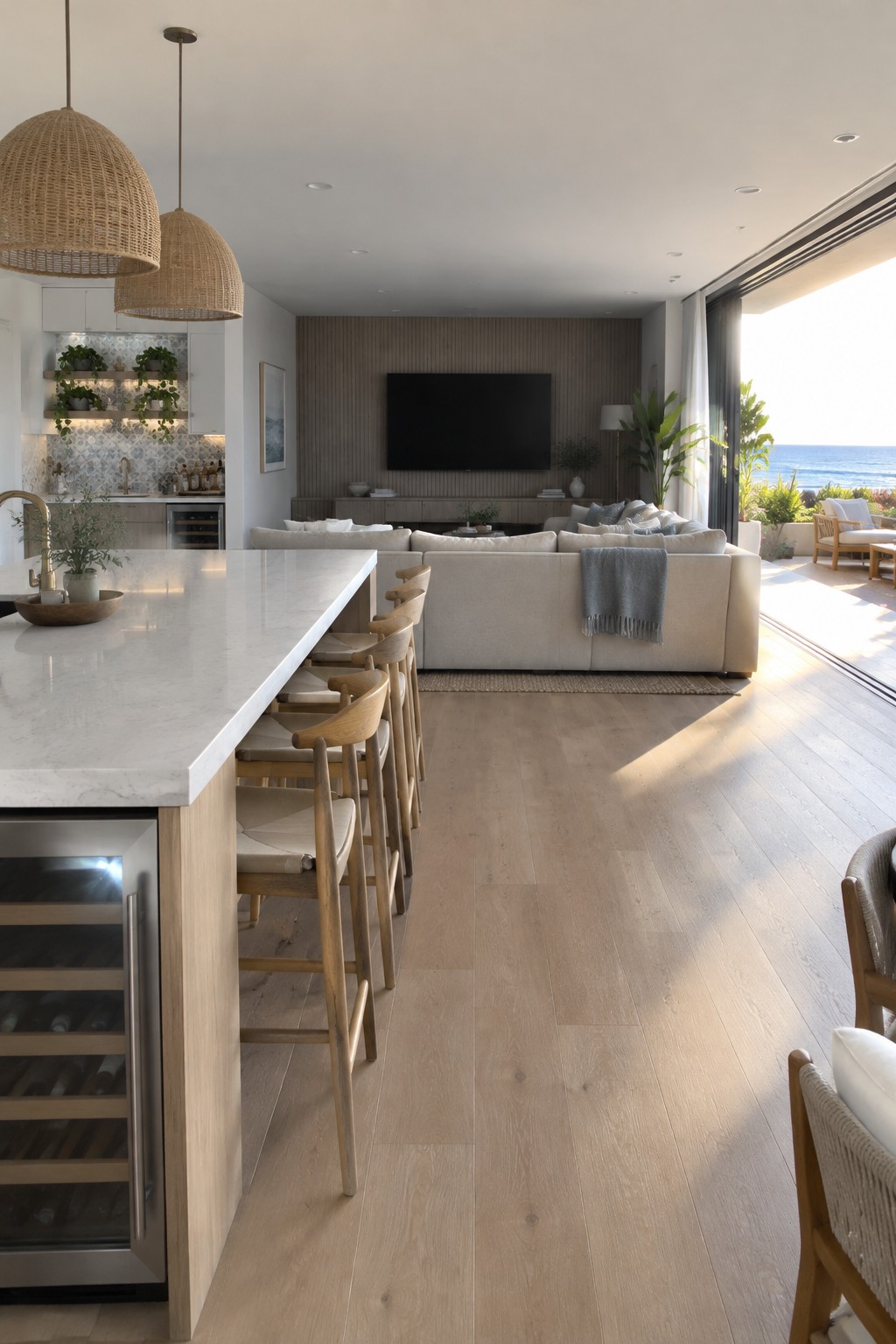 A white stone kitchen island with wooden stools faces a living area with a sofa and television beside open glass doors.
