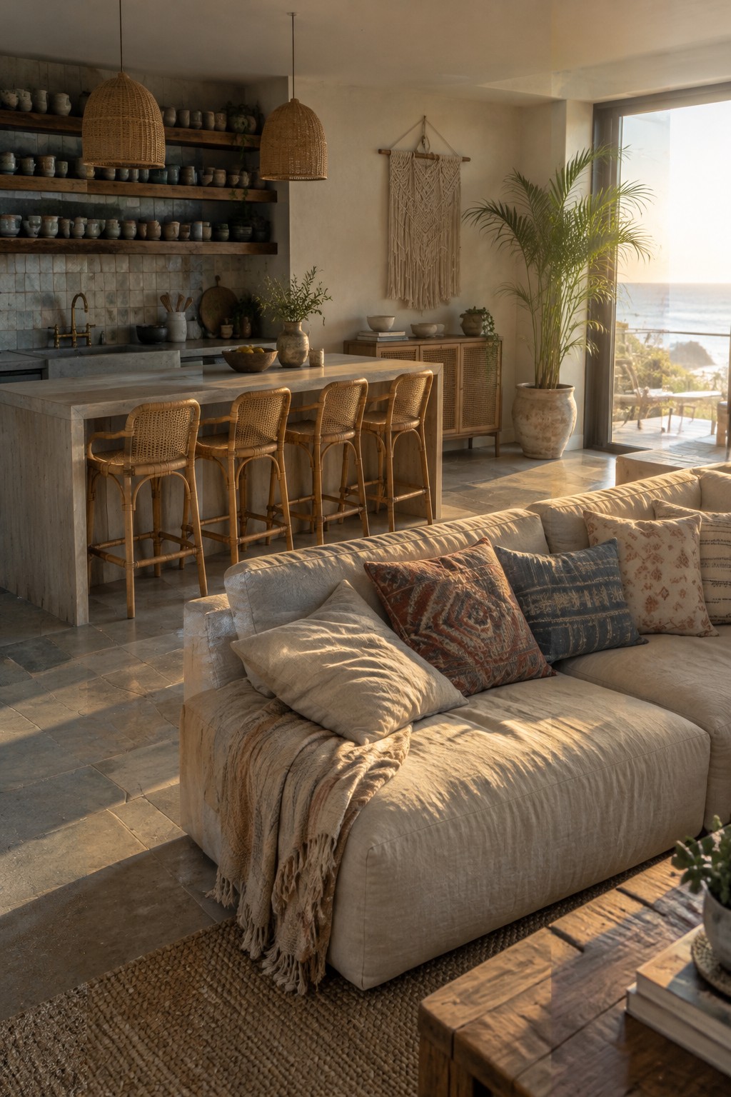 An open-plan coastal living room and kitchen with a stone island, woven bar stools, and a beige sectional sofa.