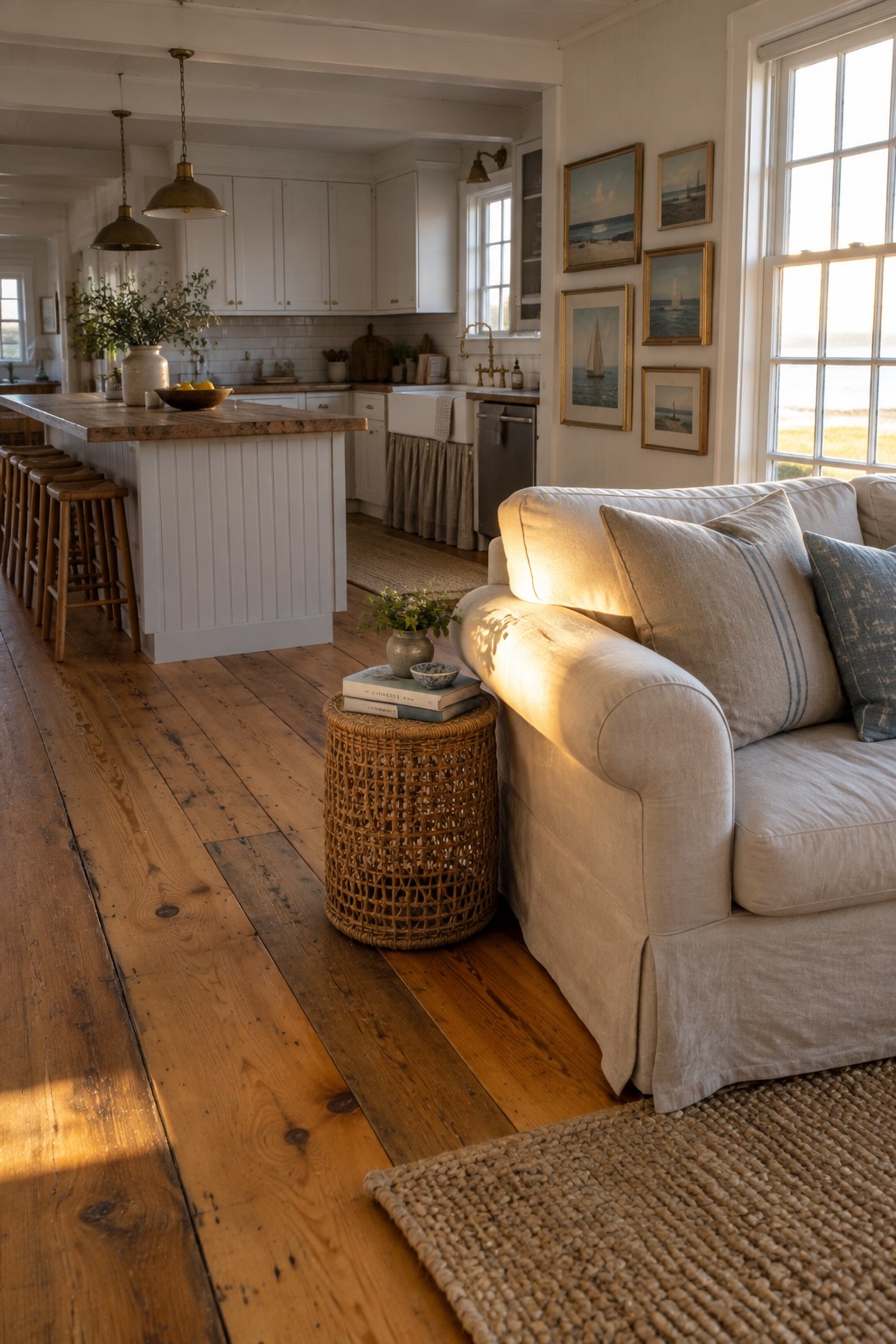 A white kitchen with a wood-topped island opens into a living area with a cream sofa and woven side table.