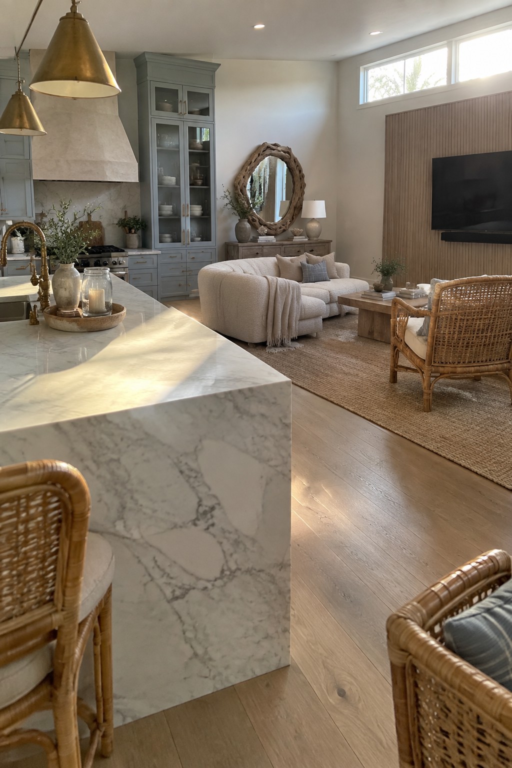 A marble kitchen island opens toward a living area with a cream sofa, wood coffee table, and woven chairs.