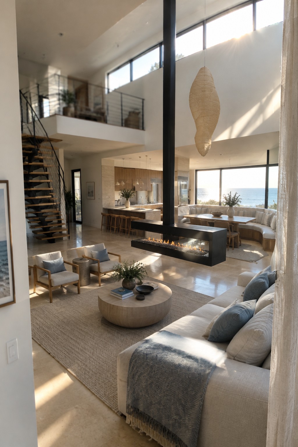 An open-plan coastal living room and kitchen with a suspended black fireplace, pale sofas, a dining nook, and an ocean view.