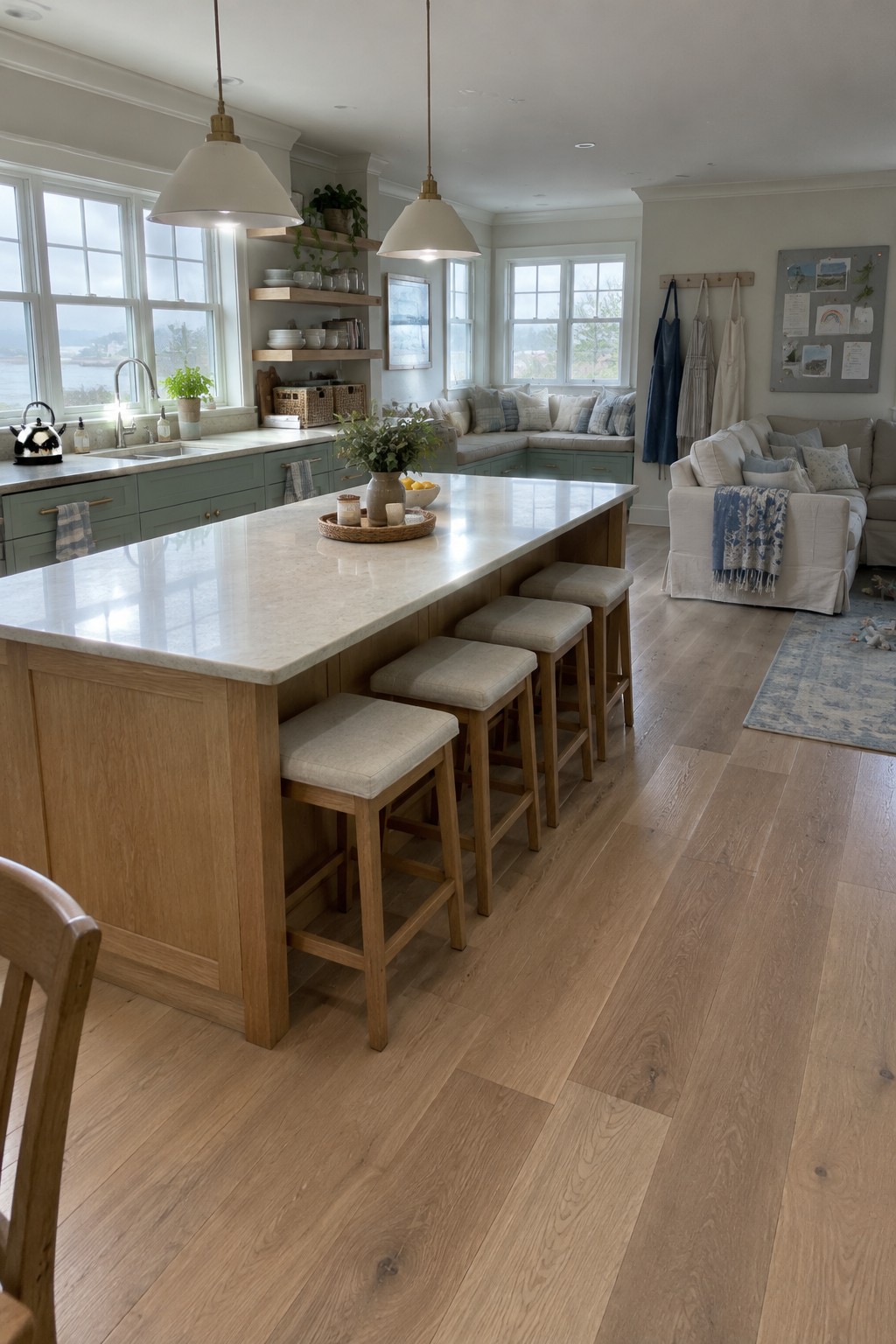 A large wood island with a pale stone countertop and upholstered stools sits between a kitchen and a living area.