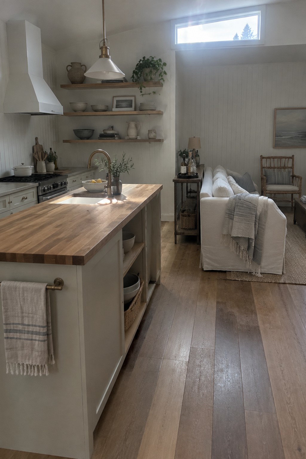 A narrow kitchen island with a wood countertop sits beside a white sofa in an open-plan room.