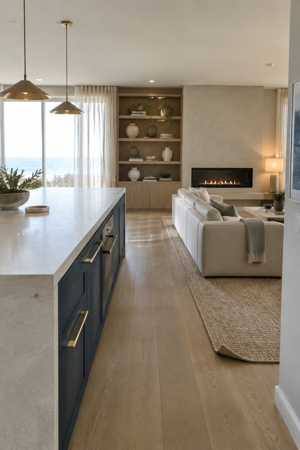 Open kitchen and living area with dark blue cabinetry, a built-in wood bookshelf beside a fireplace, and a white sofa.