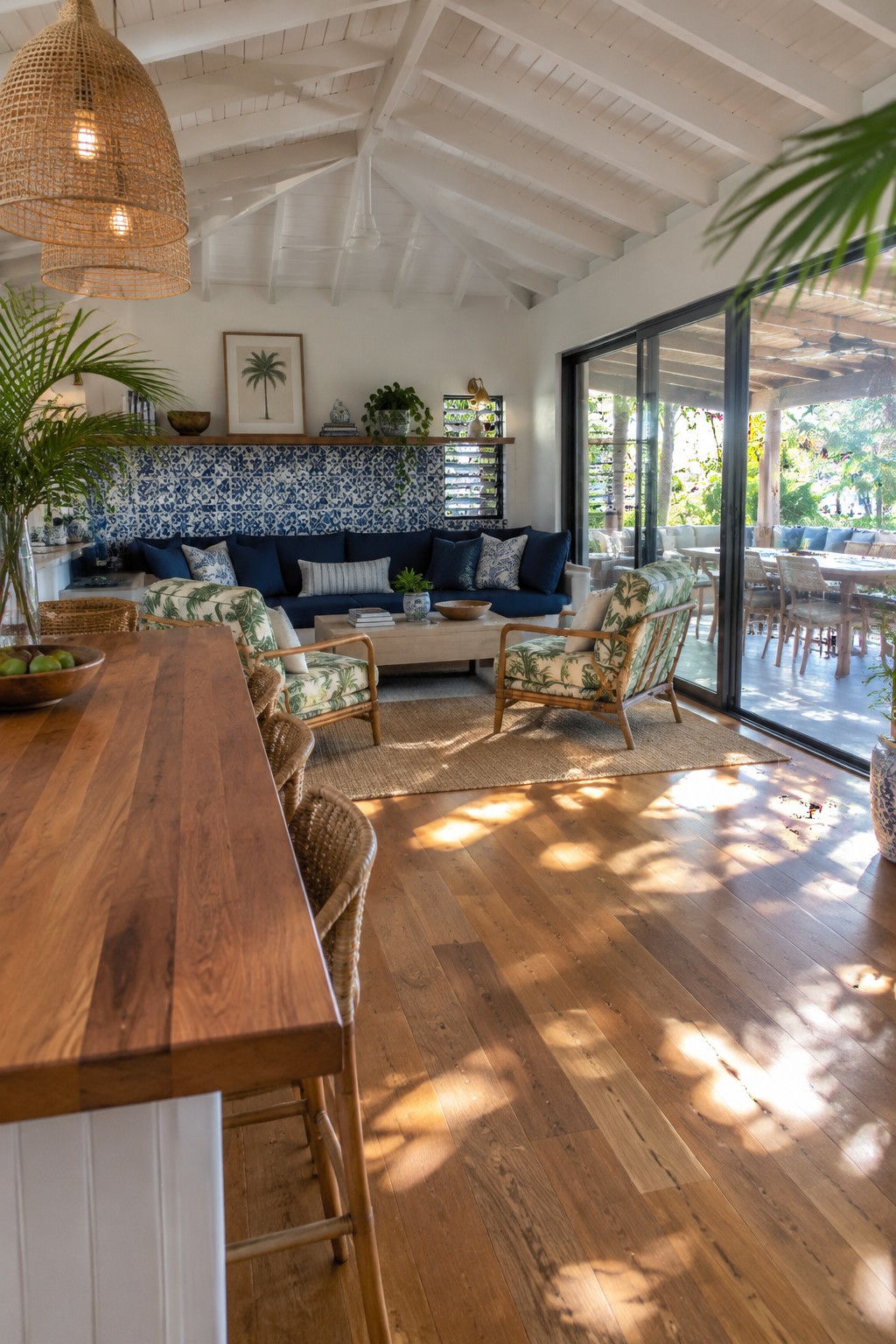 An open coastal living room with a high white beamed ceiling, blue tiled wall, dark sectional, wood flooring, and sliding glass doors.
