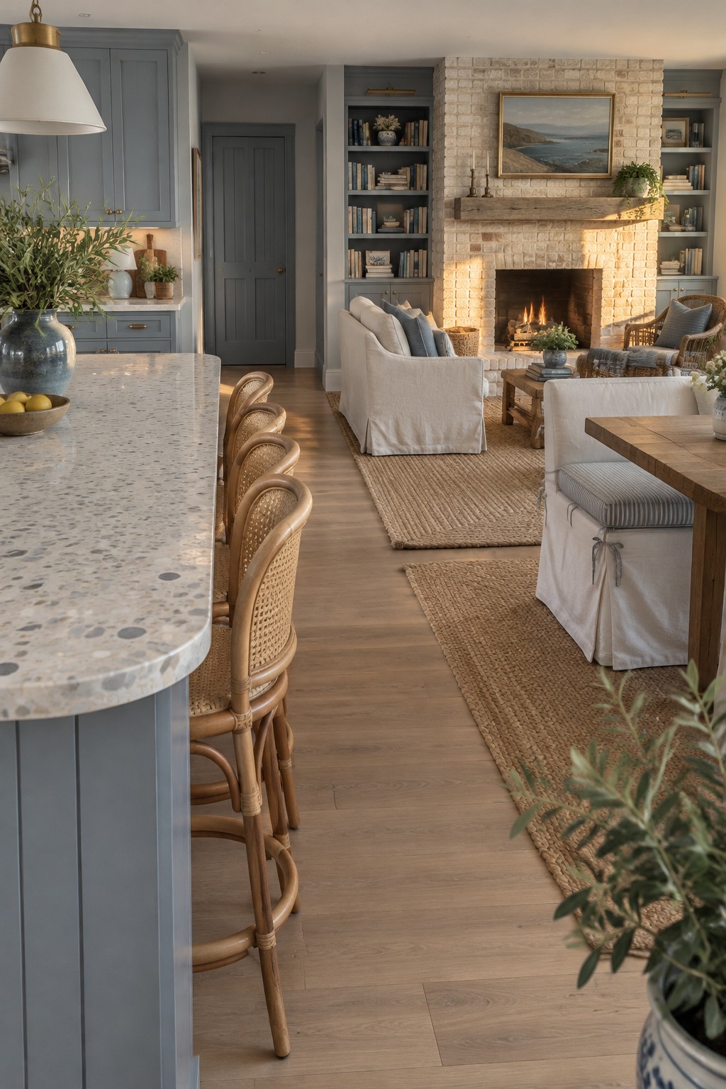 An open kitchen and living room with blue-gray cabinets, a pale stone fireplace, built-in shelves, and a seating area.