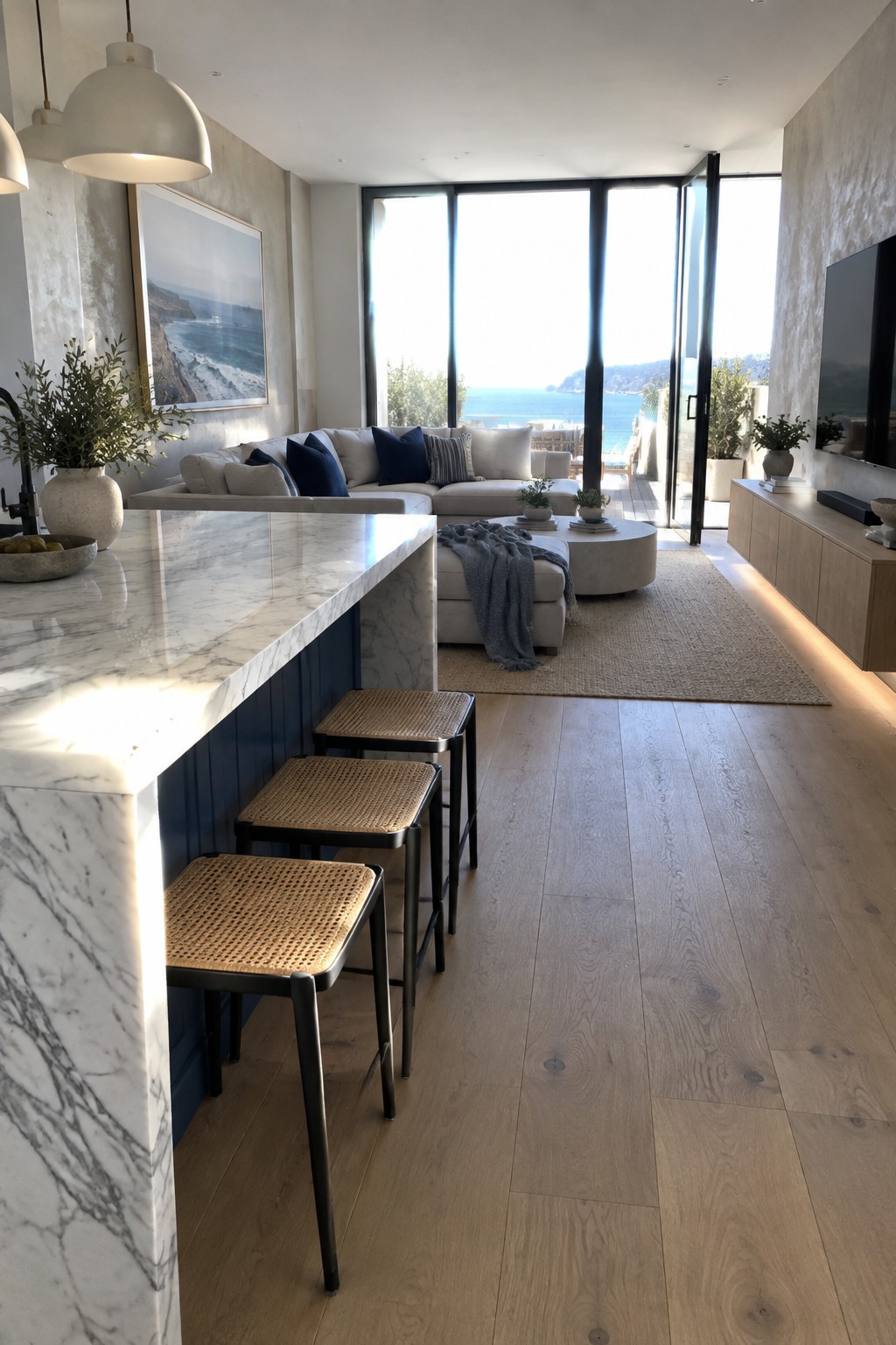 A marble kitchen island with three woven-seat stools faces a living area with a sofa and large windows.