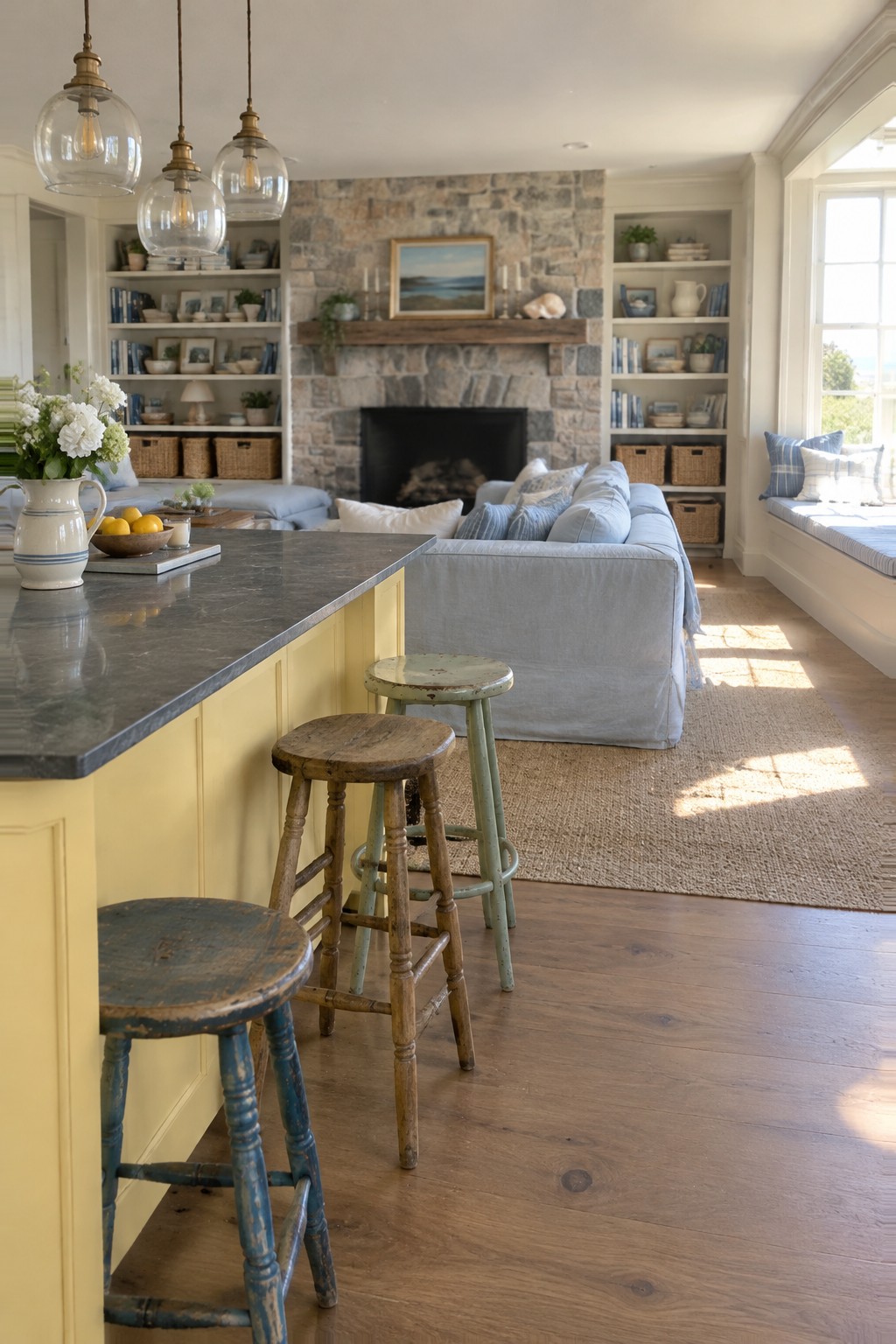 A yellow kitchen island with a dark countertop and three stools faces an open living room with a stone fireplace and built-in shelves.