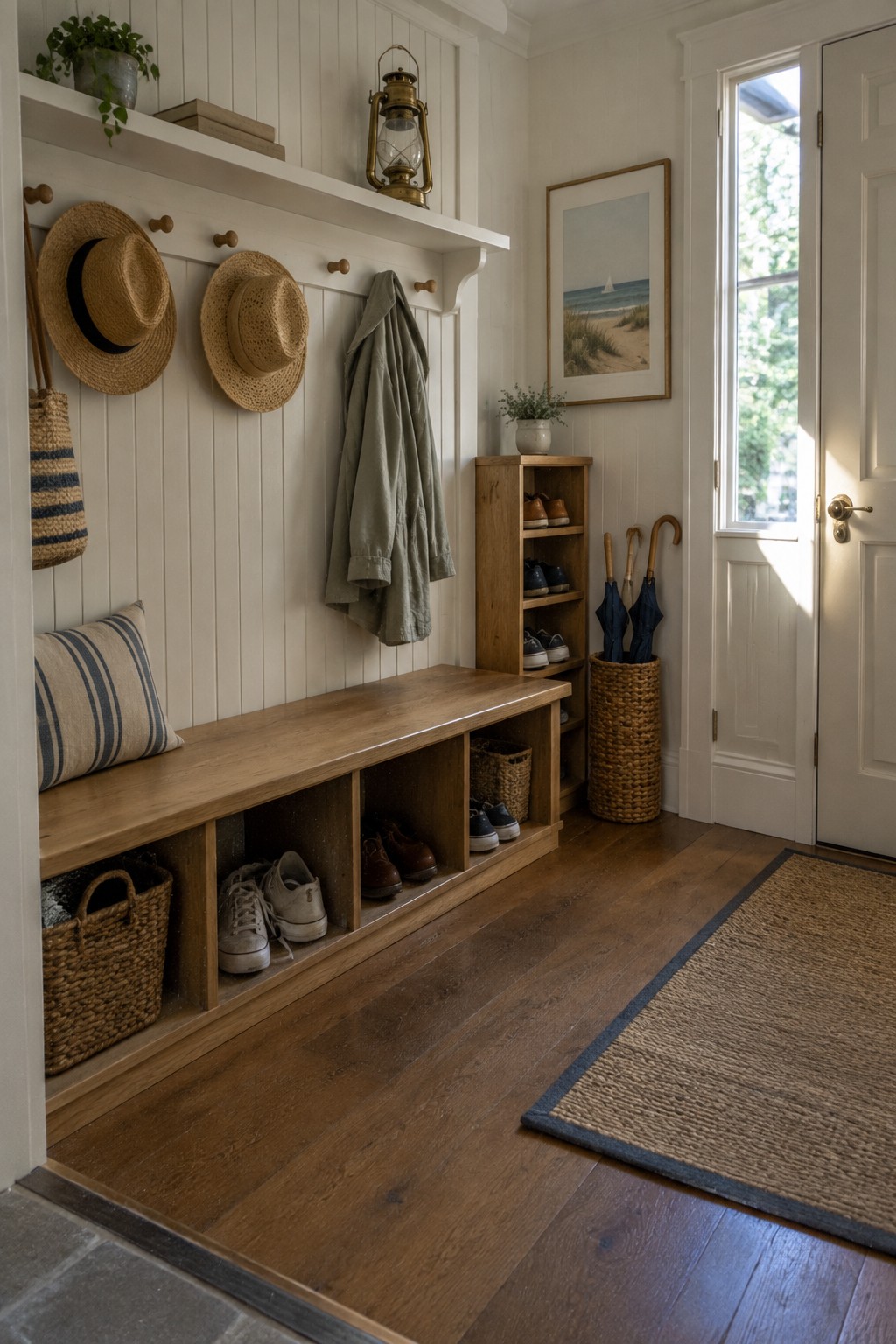 A wood entryway bench with open shoe cubbies sits beneath a white paneled wall with hooks, hats, and a hanging coat.