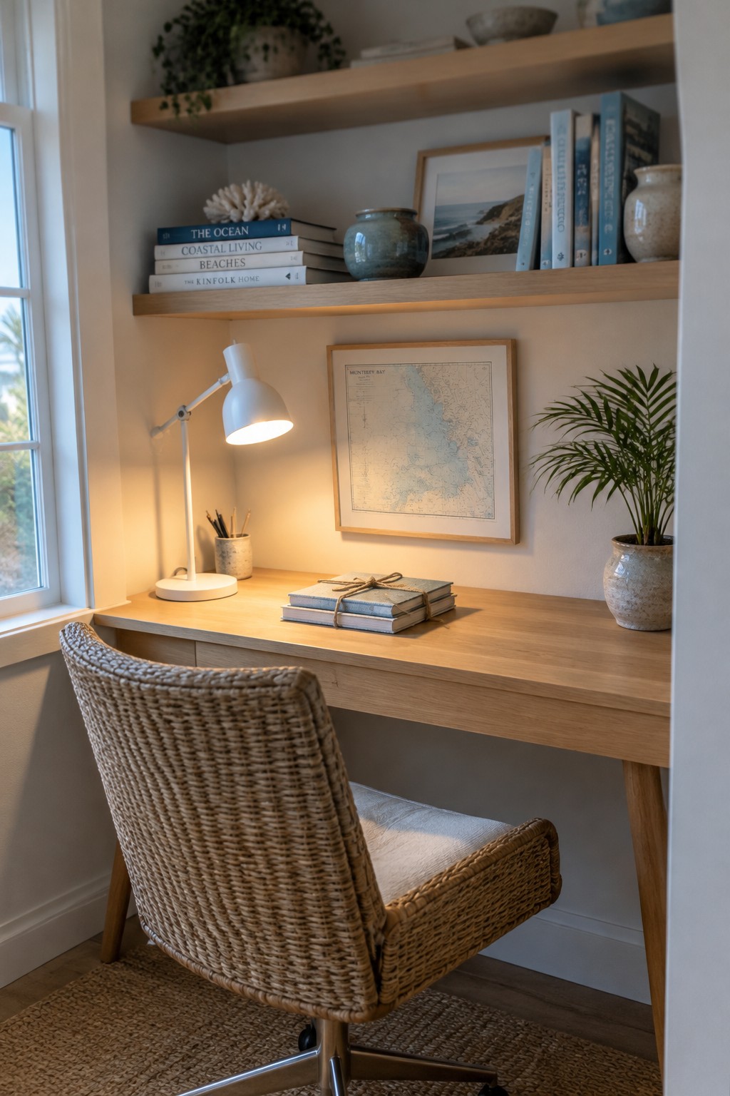 A natural wood desk beneath two shelves in a small alcove, with a woven chair, white lamp, framed map, and potted plants.