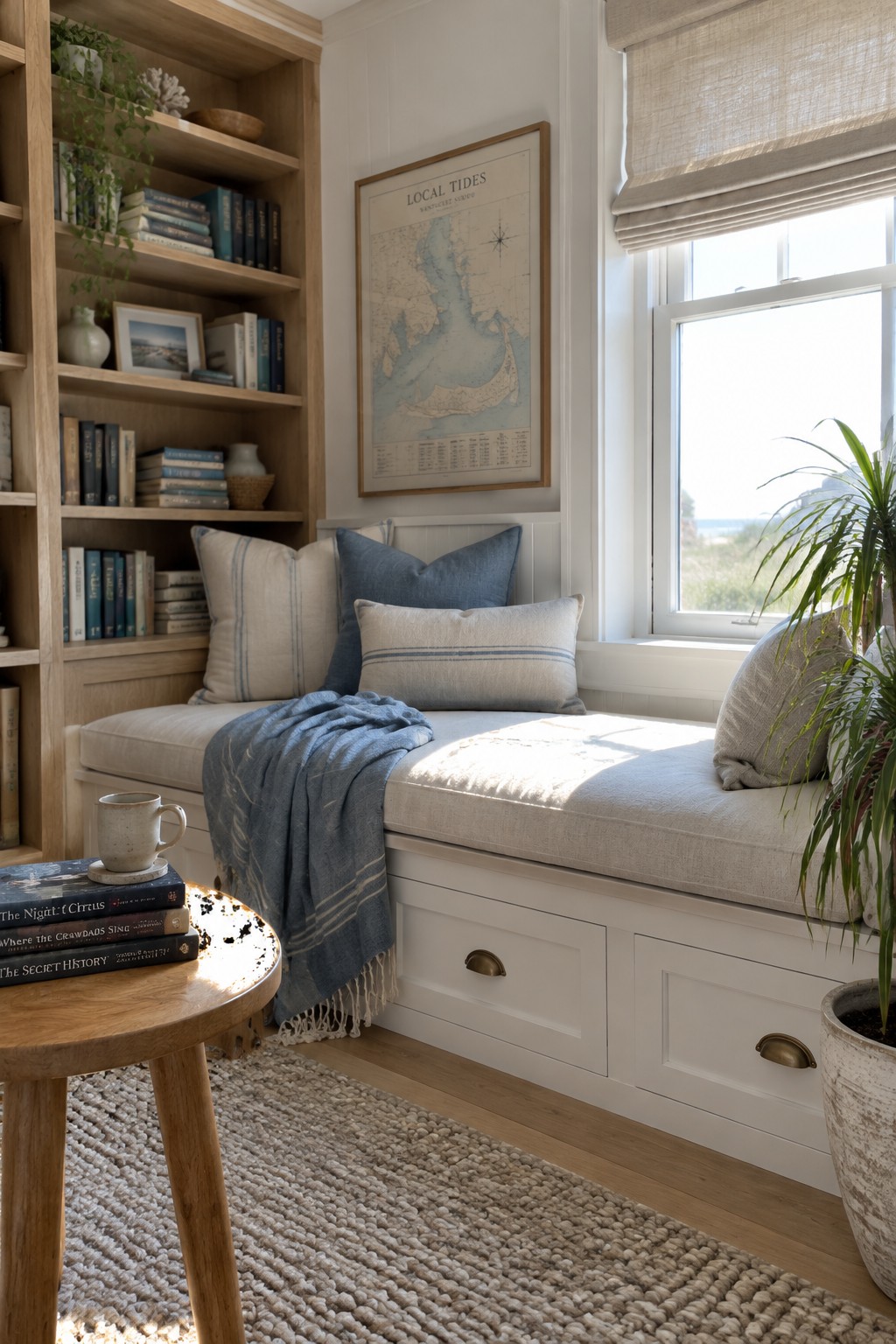 A cushioned window seat with white storage drawers sits beside a wooden bookcase and a window with a woven shade.
