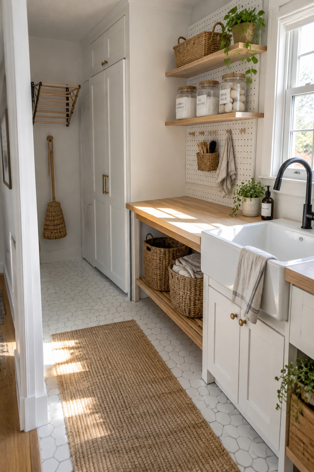 A narrow white laundry room with natural wood shelves, a matching worktop, woven baskets, and white hexagon floor tiles.