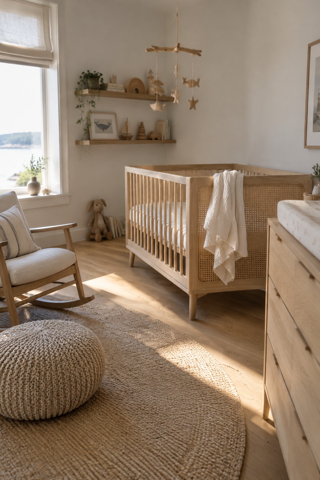 A natural wood crib with woven cane panels sits in a nursery with white bedding.