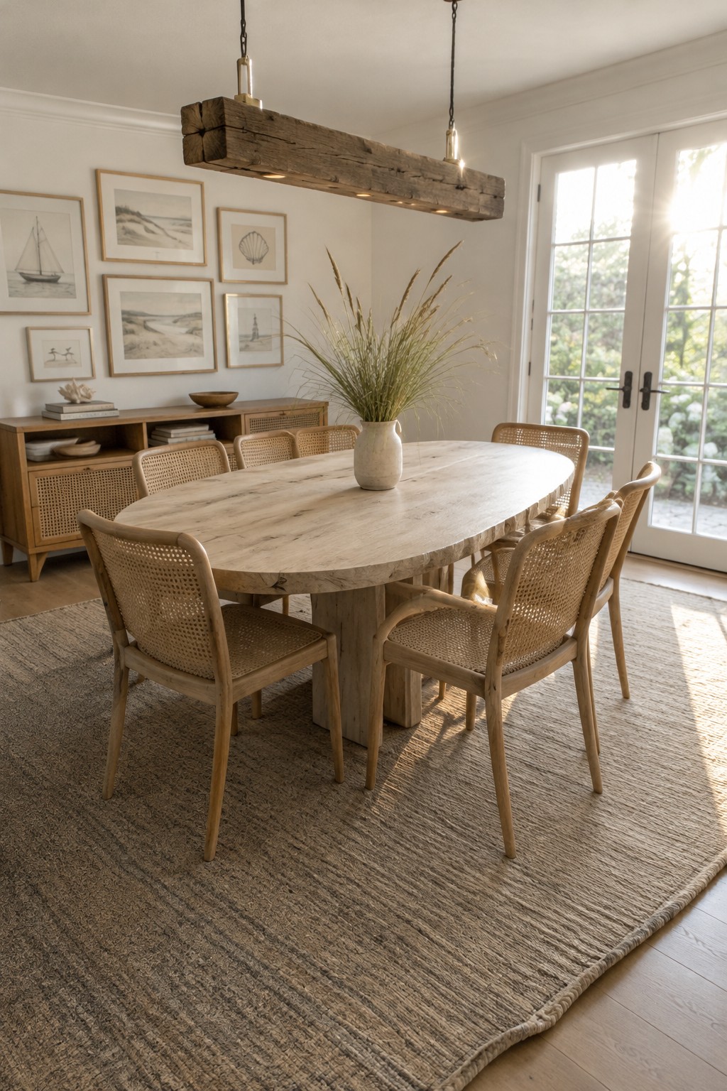 An oval pale wood dining table with woven chairs sits on a natural-fiber rug beneath a rustic wood pendant.