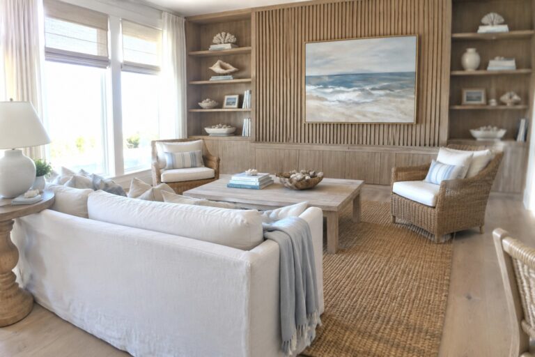 A white living room with natural wood built-in shelves and cabinets, wicker chairs, a pale sofa, and an ocean painting.