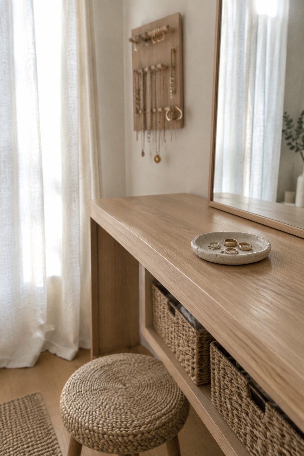 A light wood dressing table with woven baskets, a round woven stool, a wall-mounted jewelry organizer, and a mirror.