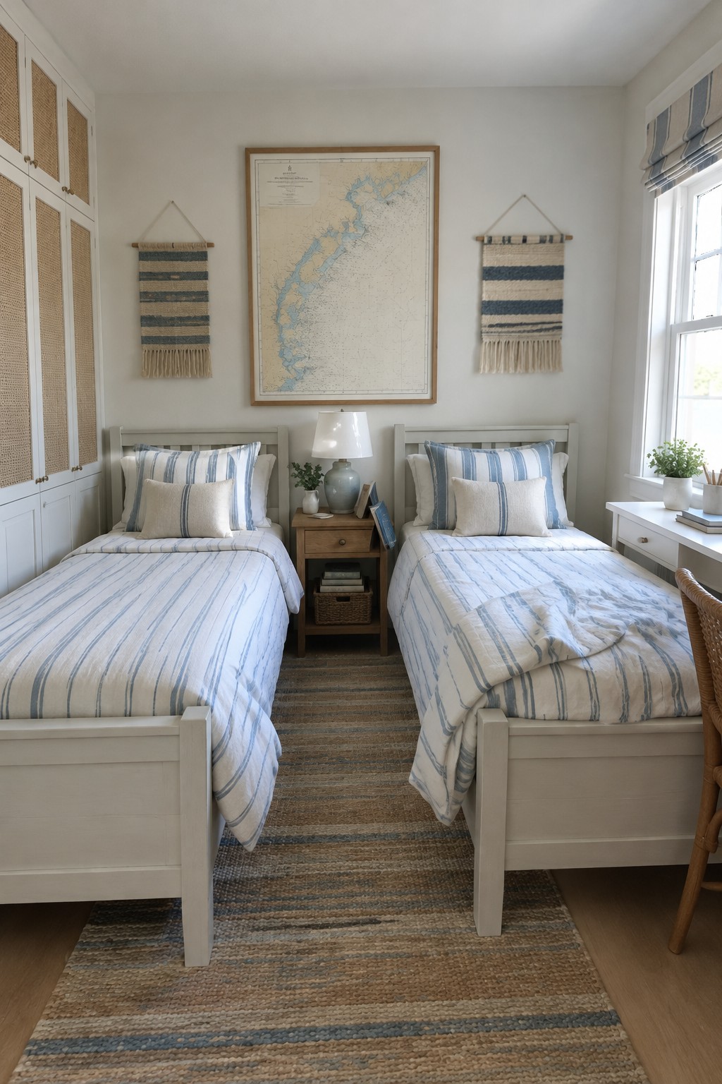 Two white twin beds with blue striped bedding sit on either side of a wooden nightstand in a small bedroom.