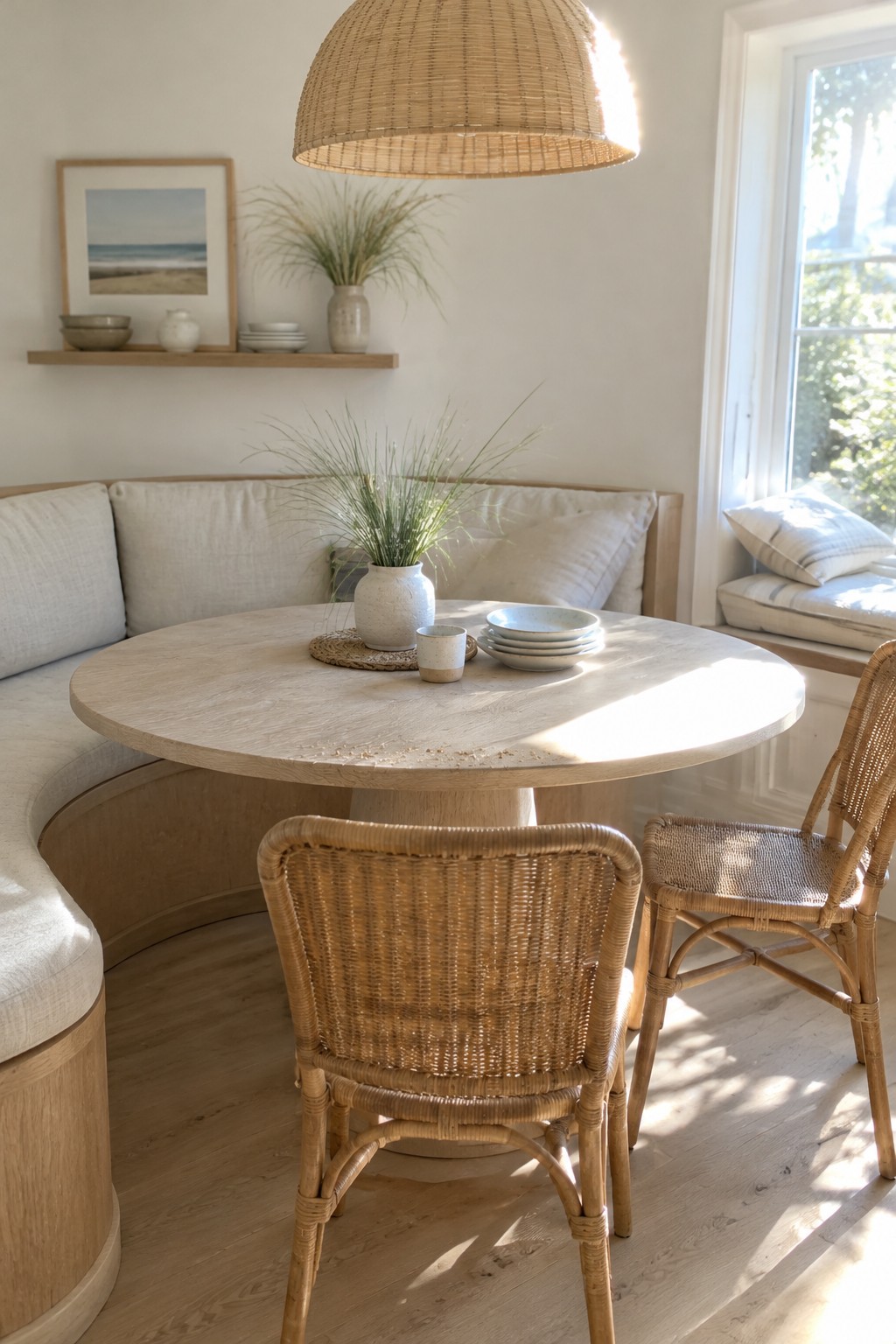 A round wood dining table sits in front of a curved upholstered banquette, with wicker chairs and a woven pendant light.