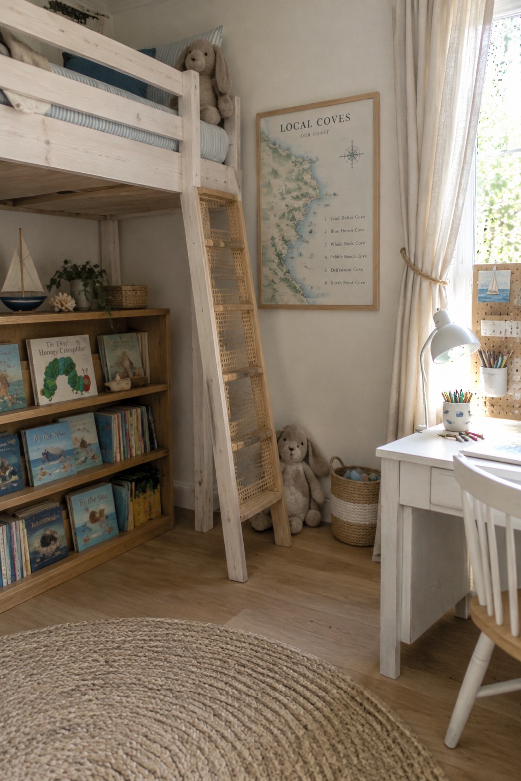 A pale wood bunk bed with blue striped bedding stands beside a bookcase in a child’s room with a desk by the window.