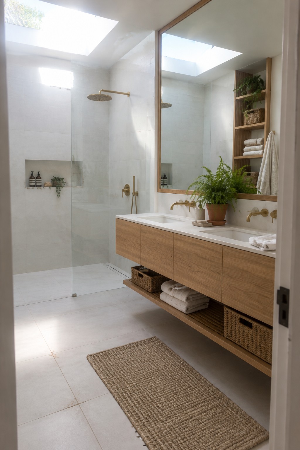 White-tiled bathroom with a floating wood double vanity, brass fixtures, a glass shower, and a woven floor runner.