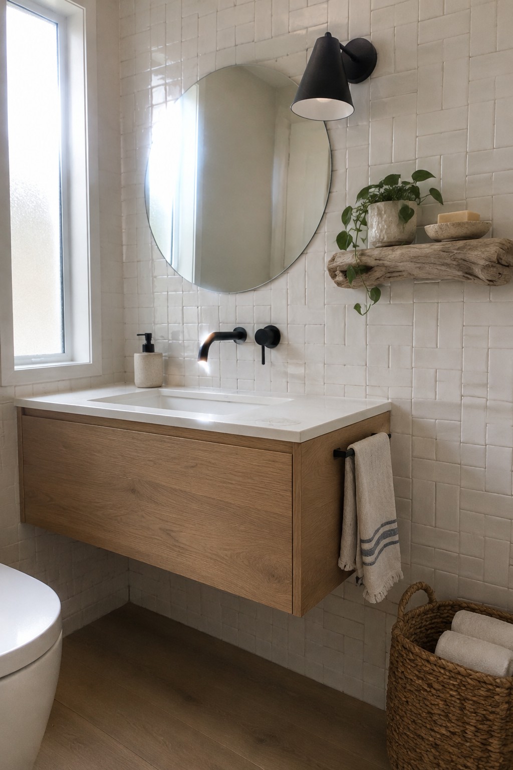 A bathroom with a floating wood vanity, white tile walls, a round mirror, and a black wall-mounted faucet.