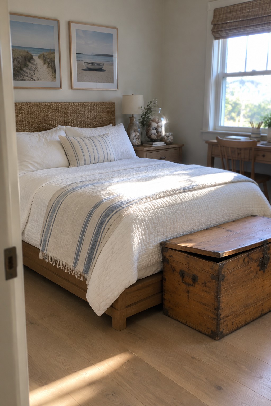 A bedroom with a woven headboard, white bedding, a striped throw, framed beach prints, and a wooden storage chest.
