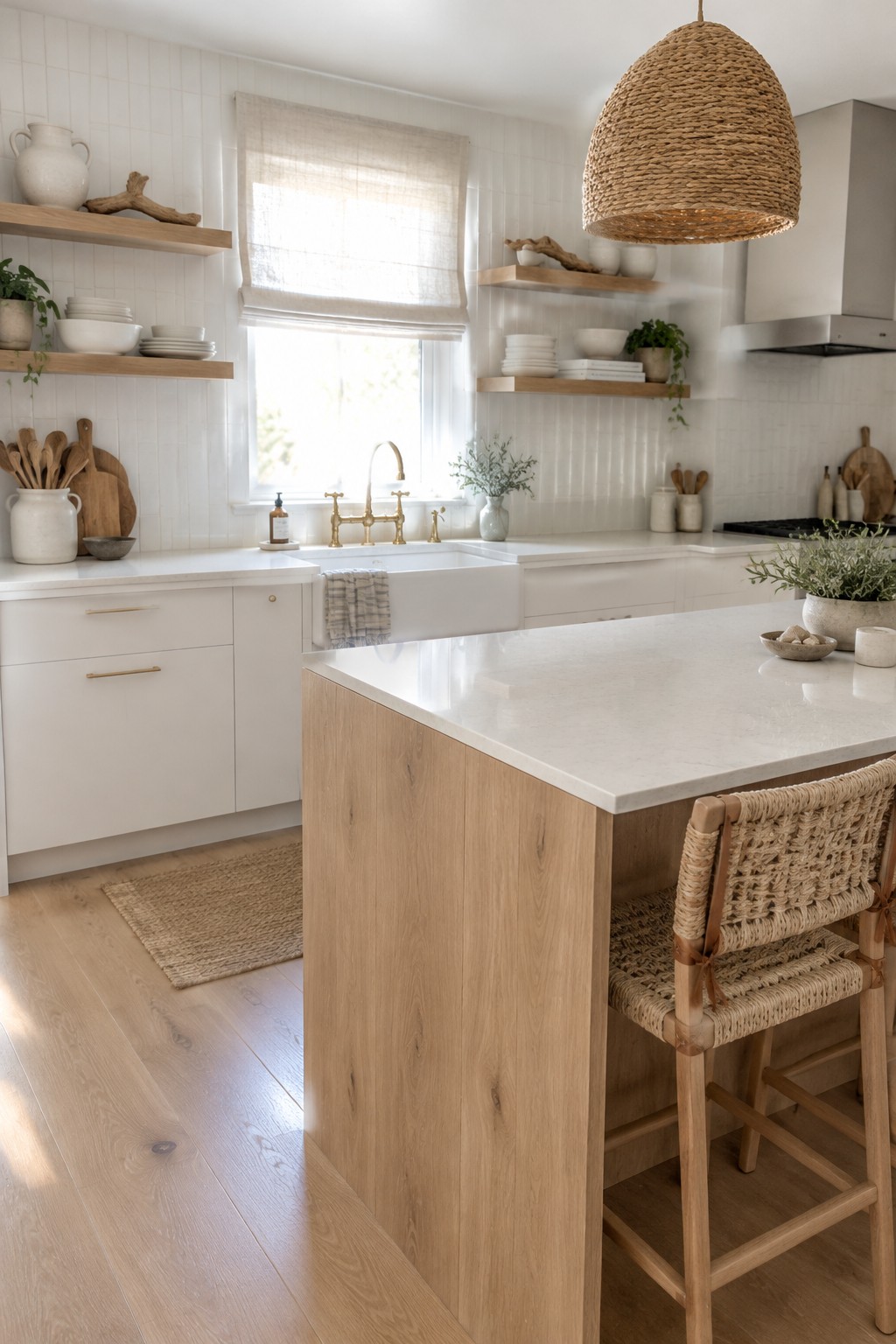 A bright kitchen with white cabinets and counters, a natural wood island, open shelves, and woven bar stools.