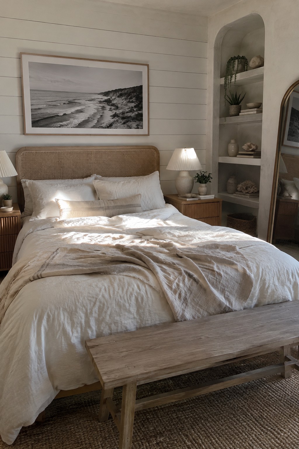 A bedroom with white bedding, a woven wood headboard, and a pale wood bench at the foot of the bed.