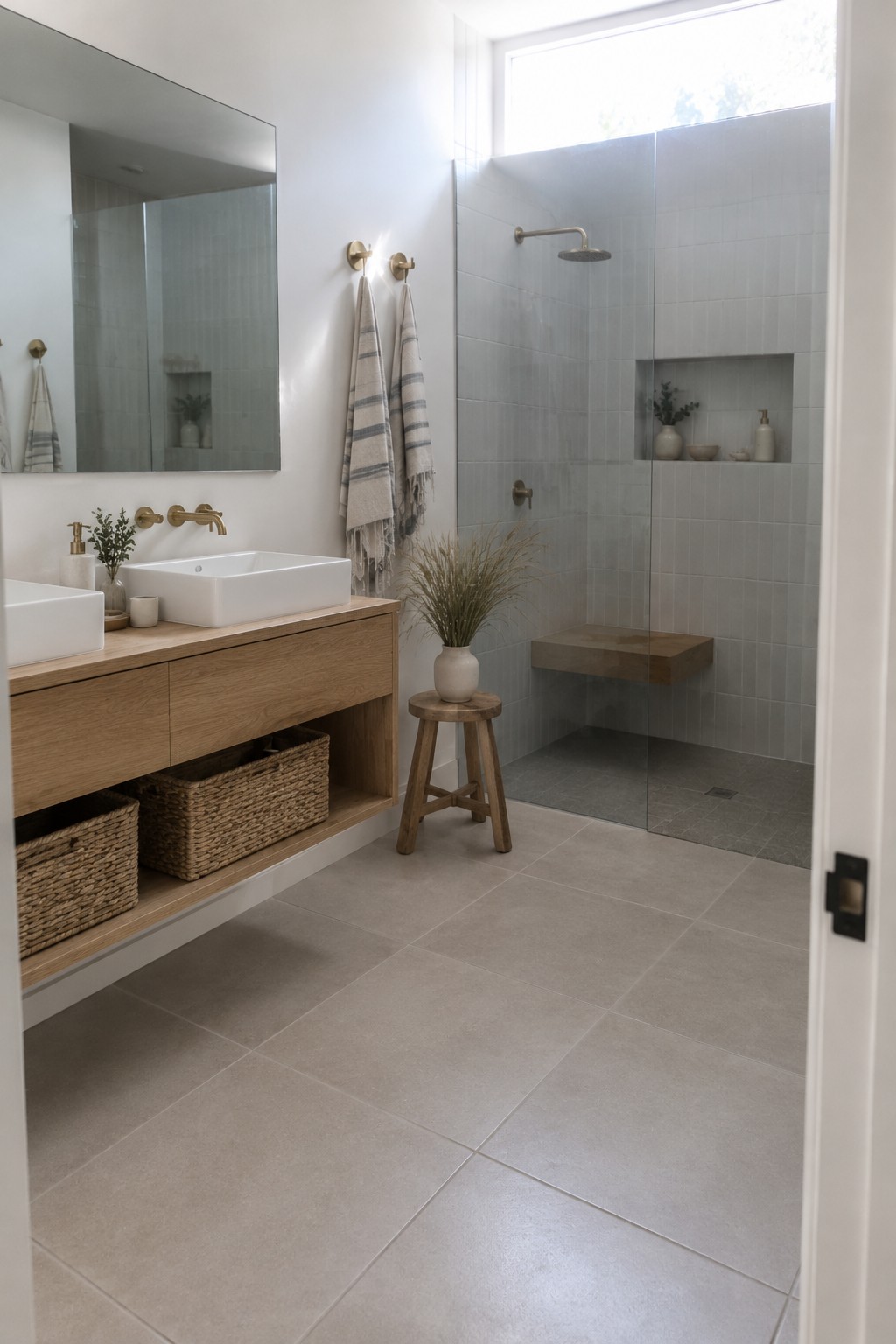 A bathroom with large pale floor tiles, a natural wood vanity, and a glass-enclosed tiled shower.