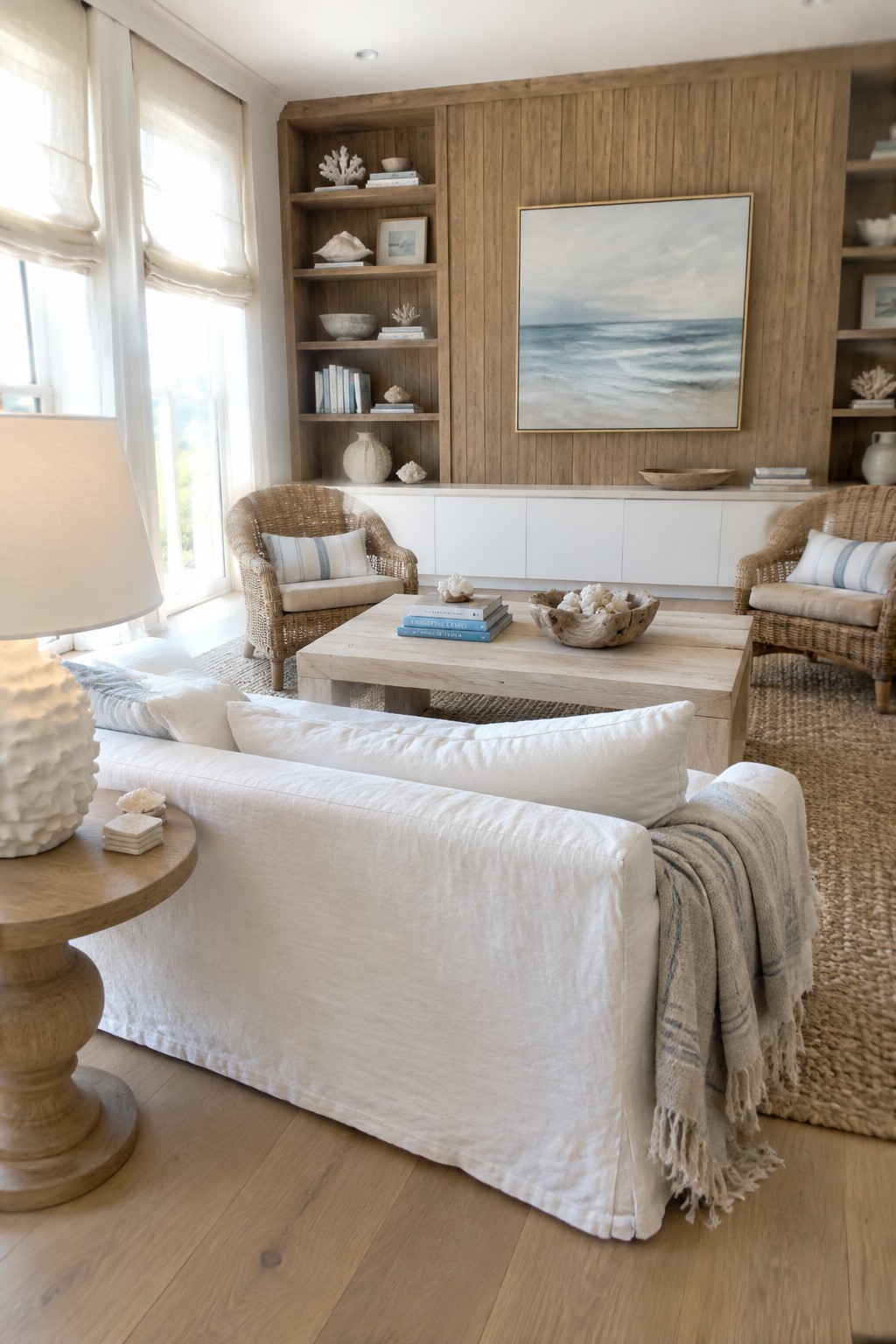 A white living room with natural wood built-in shelves and cabinets, wicker chairs, a pale sofa, and an ocean painting.