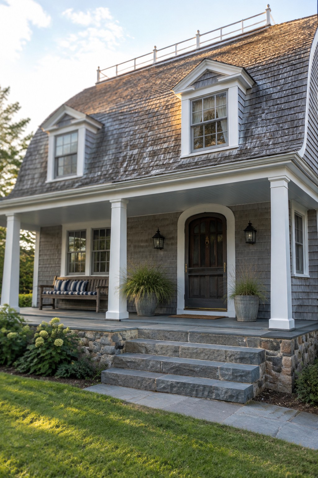 A gray shingle-style house with a covered porch, white columns, a dark wood front door, and stone steps.