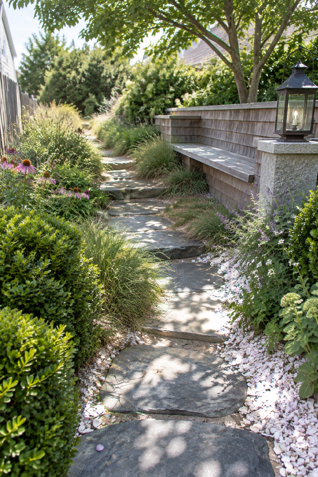An irregular stone path winds through a planted garden beside a shingle-sided fence, with a built-in wooden bench and lantern.