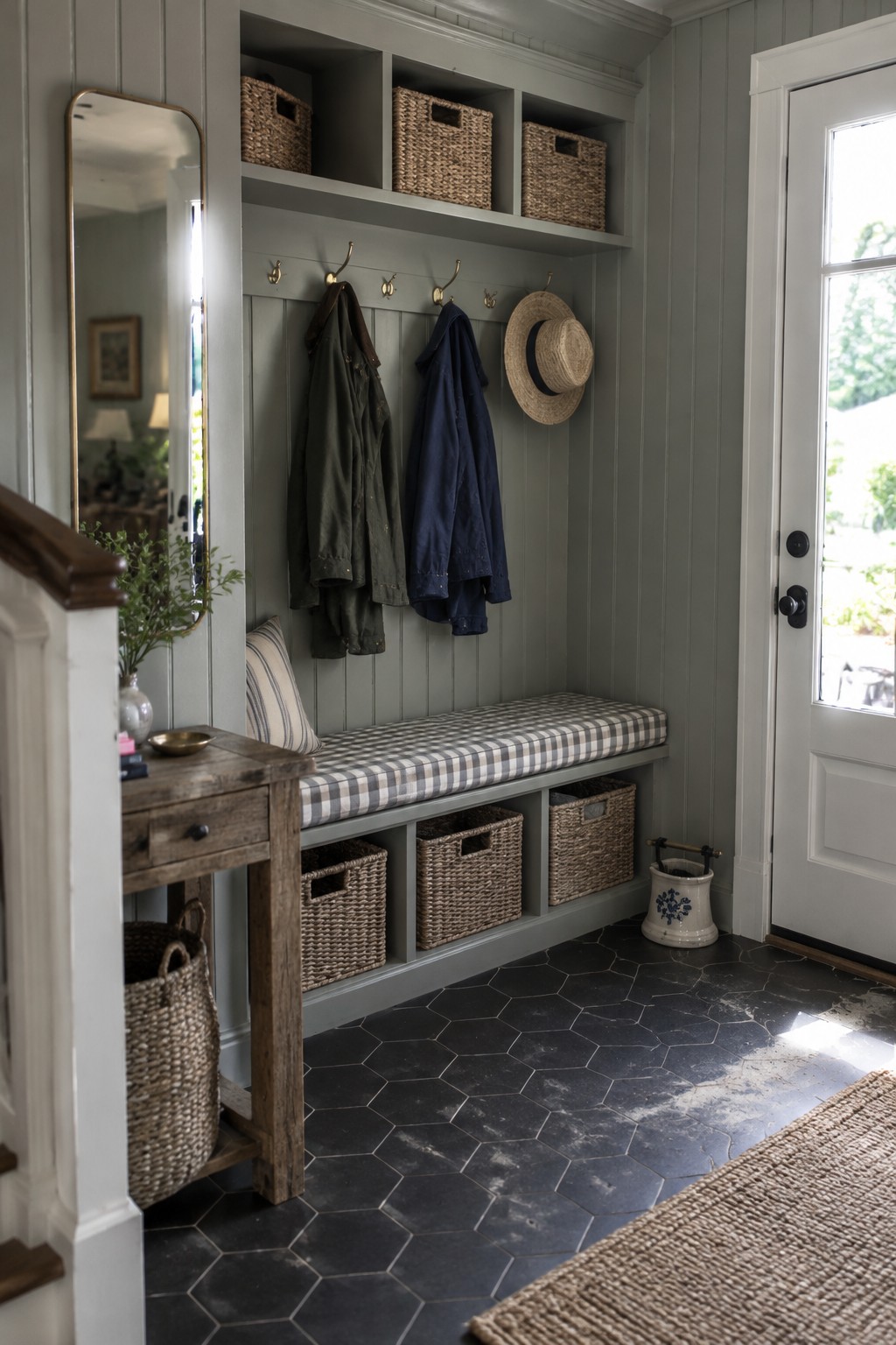 A gray paneled entryway with a built-in bench, coat hooks, woven baskets, a mirror, and dark hexagonal floor tiles.